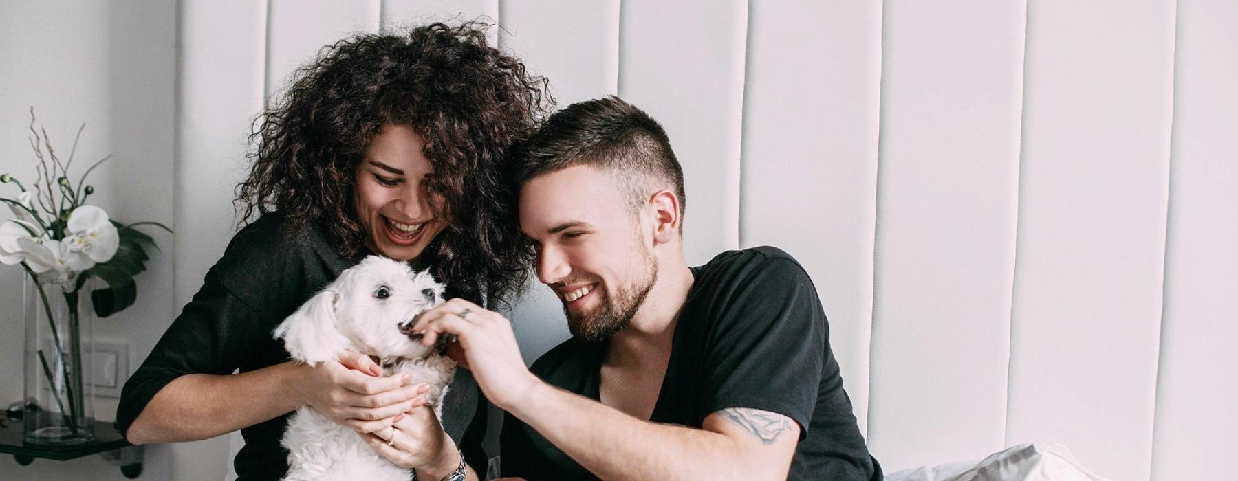 a man and woman sitting on a bed playing with a dog